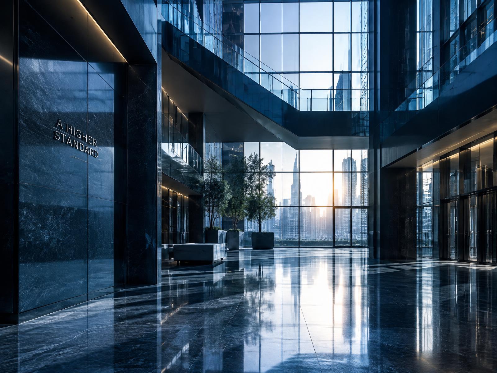 Atrium of a modern corporate tower at first light, viewed through glass and stone