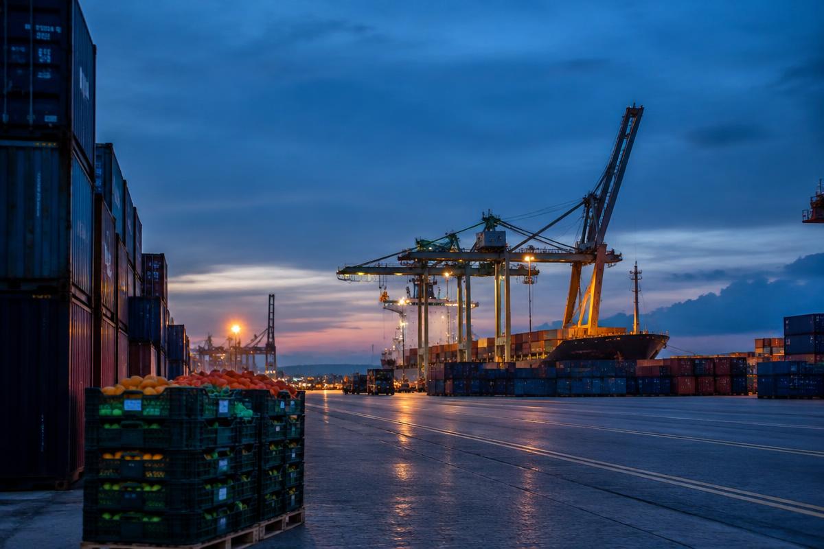 Cargo port terminal with containers and crates of produce at blue hour