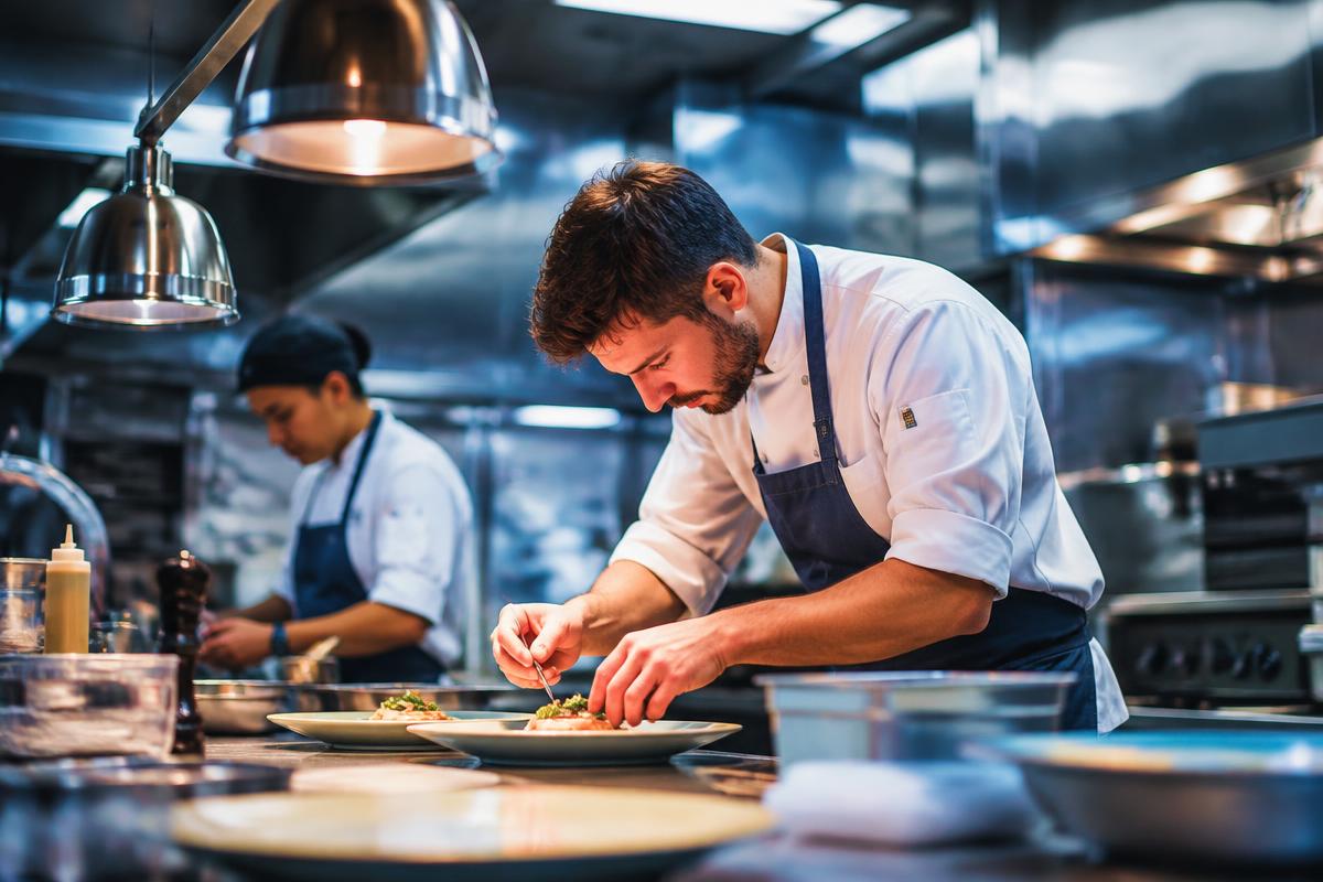 Chefs plating dishes in a professional stainless steel kitchen