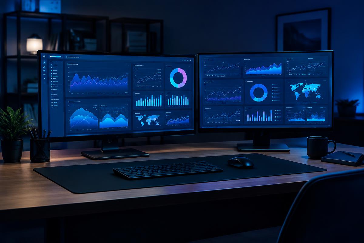 Marketing performance dashboards displayed on desktop monitors