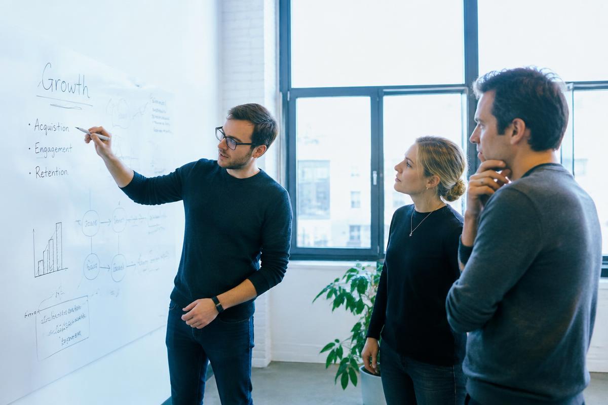 Founders mapping a growth roadmap on a whiteboard in a modern office