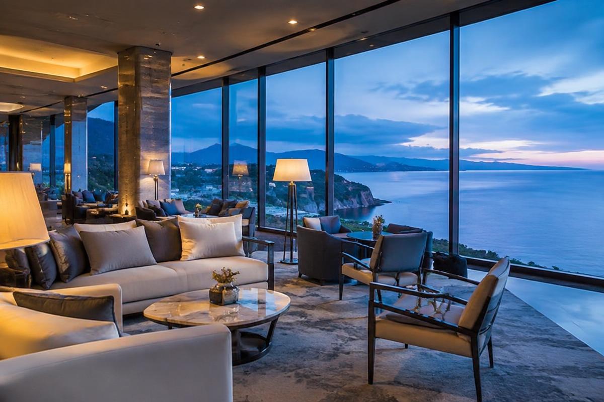 Elegant hotel lounge with panoramic coastal view at dusk